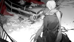 1boy axis_powers_hetalia axygen back blood blood_on_ground bouquet box coat coffin flag flower gloves greyscale holding holding_suitcase implied_death long_sleeves male_focus monochrome paper ribbon russia_(hetalia) scarf short_hair solo standing suitcase wreath