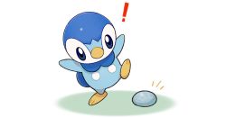 ! blue_eyes closed_mouth commentary_request full_body gen_4_pokemon leg_up looking_down nintendo no_humans notice_lines official_art piplup pokemon pokemon_(creature) pokemon_focus project_pochama solo standing standing_on_one_leg stone toes white_background