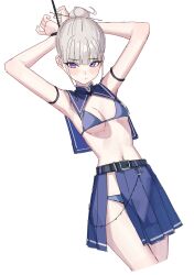 1girl arm_strap armpits arms_behind_head arms_up bare_shoulders belt bikini blue_bikini blue_sailor_collar blue_skirt bound bound_wrists breasts cropped_legs hair_bun hair_ornament hairpin highres long_hair looking_at_viewer medium_breasts navel original pleated_skirt purple_eyes sailor_collar side_slit simple_background skirt solo stomach string_bikini suumon swimsuit thighs white_background white_hair