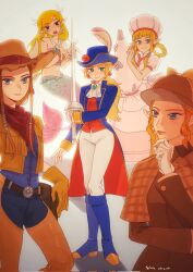 5girls ascot blonde_hair brooch brown_coat brown_hair brown_headwear chaps chef_hat coat company_connection corrupted_twitter_file cosplay cowboy_hat cowgirl_peach detective detective_peach epee gloves hat highres in-franchise_crossover jewelry looking_at_viewer mario_(series) mermaid mermaid_peach monster_girl multiple_girls multiple_persona nintendo patissiere_peach pointy_ears princess_peach princess_peach:_showtime! princess_peach_(cosplay) princess_zelda rapier sword swordfighter_peach the_legend_of_zelda the_legend_of_zelda:_breath_of_the_wild the_legend_of_zelda:_ocarina_of_time the_legend_of_zelda:_skyward_sword the_legend_of_zelda:_the_wind_waker the_legend_of_zelda:_twilight_princess toon_zelda vest weapon white_gloves yushx31