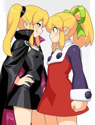 2girls absurdres black_cape black_dress blonde_hair cape clenched_hand clone cowboy_shot dress from_side green_eyes grey_background hand_on_own_hip high_ponytail highres mega_man_(classic) mega_man_(series) multiple_girls nico-neko ponytail profile red_dress roll_(mega_man) short_dress side_ponytail simple_background