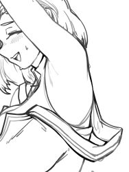 1girl 3gs ^_^ arm_up armpit_focus armpits blush breasts closed_eyes elsword female_focus from_side greyscale hanna_(elsword) happy large_breasts monochrome open_mouth shirt short_hair simple_background sketch sleeveless sleeveless_shirt smile solo strap_slip sweat teeth undershirt white_background