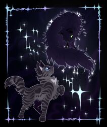 Rule 34 | animal, animal focus, black cat, blue eyes, cat, cinderheart, commentary, crying, english commentary, green eyes, grey cat, heart, highres, hollyleaf, implied death, kitty (fernwhisker), no humans, omen of the stars, sparkle, star (symbol), warrior cats
