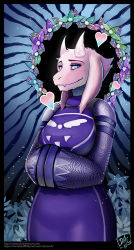 1girl animal_ears breasts catcouch cowboy_shot curvy dress eyeshadow female_focus furry furry_female goat_ears hands_in_opposite_sleeves heart horns large_breasts makeup monster_girl smile snout solo toriel undertale