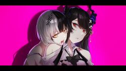 2girls absurdres asymmetrical_horns black_bow black_bowtie black_hair blood blood_from_mouth blood_on_face blue_hair bow bowtie clothing_cutout collared_shirt colored_inner_hair fangs grey_hair hair_ornament highres hololive hololive_english horns kurochanai long_hair looking_at_another multicolored_hair multiple_girls nerissa_ravencroft red_eyes shiori_novella shirt shoulder_cutout single_off_shoulder split-color_hair strap_slip swept_bangs two-tone_hair uneven_horns vampire virtual_youtuber white_shirt yellow_eyes yuri