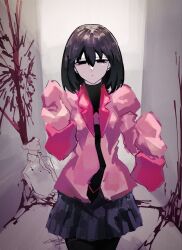 Rule 34 | 1girl, absurdres, black eyes, black hair, black necktie, black pantyhose, black undershirt, bob cut, corpse, empty eyes, exploded head, floating neckwear, hair between eyes, highres, long sleeves, looking at viewer, monogatari (series), naoetsu high school uniform, necktie, oshino ougi, pale skin, pantyhose, pink shirt, school uniform, shirt, short hair, skirt, sleeves past fingers, sleeves past wrists, smile, solo, th whitespace, very long sleeves