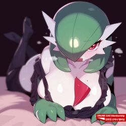 1girl artist_name bed_sheet black_shirt black_thighhighs blurry blush bob_cut breasts breath collarbone colored_skin depth_of_field drunkoak english_text fang feet_up female_focus frilled_shirt frills gardevoir gen_3_pokemon green_hair green_skin hair_over_one_eye highres korean_text large_breasts looking_at_viewer lying mature_female mole mole_on_breast multicolored_skin nintendo on_stomach one_eye_covered open_mouth pokemon pokemon_(creature) red_eyes shirt short_hair single_bare_shoulder sleeveless sleeveless_shirt solo sweat the_pose thighhighs translation_request two-tone_skin watermark white_skin