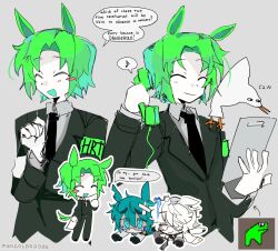 3girls animal animal_ears animal_on_shoulder armband bird bird_on_shoulder black_necktie black_suit blue_eyes blue_hair blush broken_horn clipboard closed_eyes cyan_(horse_race_tests) english_text fantasy_fantasy_fantasy formal_clothes glasses gloves green_armband green_hair grey_background grey_shirt high_collar highres holding holding_clipboard horns horse_ears horse_girl horse_race_tests lapels lying mangolord multiple_girls multiple_views musical_note necktie oob_(horse_race_tests) open_mouth patch phone shirt short_hair simple_background smile speech_bubble standing suit superstitional_realism unicorn_horn white_gloves white_hair