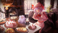 1girl ^_^ absurdres bat_wings blush cafe cake cake_slice capelet closed_eyes coffee commentary commission cookie couch creatures_(company) crossover cup cupcake dessert ditto dress drinking_glass drooling fang food fork game_freak gen_1_pokemon glint hand_on_own_cheek hand_on_own_face happy hat highres holding holding_fork indoors lalu_(pixiv3307500) long_sleeves mouth_drool neck_ribbon nintendo on_couch open_mouth pink_capelet pink_dress pink_hat plate pokemon pokemon_(creature) purple_hair red_ribbon reflective_table remilia_scarlet ribbon sitting skin_fang smile strawberry_cake table touhou window wings wooden_table