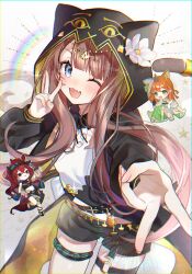 Rule 34 | 3girls, absurdres, ahoge, animal ears, animal hood, arknights, black shorts, blue eyes, brown hair, cat ears, cat hood, cat tail, chibi, commentary request, double v, fang, green eyes, highres, hood, infection monitor (arknights), kasumi kujira, long hair, midriff, multiple girls, narantuya (arknights), navel, one eye closed, orange hair, papyrus (arknights), partial commentary, pepe (arknights), ponytail, red eyes, red hair, shorts, skin fang, tail, tail ornament, tail ring, thigh strap, twitter username, v, watermark