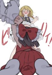 2girls absurdres back black_skirt black_vest blonde_hair bloomers bloomers_pull blush bow braid brown_hair convenient_censoring embarrassed from_below hakurei_reimu highres holding_bloomers kirisame_marisa long_hair looking_at_viewer medium_hair multiple_girls navel niru_(ka_k_0517) red_bow red_shirt red_skirt shirt short_sleeves skirt socks touhou underwear vest white_background white_bloomers white_shirt white_socks yellow_eyes