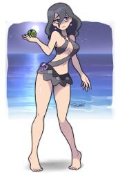 1girl @_@ artist_name bags_under_eyes barefoot black_hair breasts commission dusk_ball earrings feet full_moon hex_maniac_(pokemon) hex_maniac_(pokemon_legends:_z-a) jewelry medium_hair moon night night_sky nintendo poke_ball pokemon pokemon_legends:_z-a purple_eyes purple_nails siczak sky swimsuit toes water