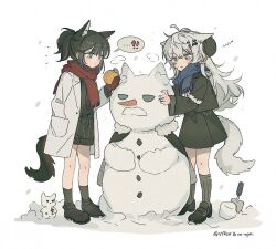 !? 2girls adversarial_noise animal_ears arknights black_footwear black_hair black_jacket black_shorts black_skirt black_socks black_tail blue_scarf breath carrot closed_mouth coat commentary earmuffs food full_body grey_eyes grey_hair grey_tail hair_between_eyes hair_ornament hairclip hand_in_pocket highres holding holding_food jacket kneehighs lappland_(arknights) long_hair long_sleeves mittens multiple_girls official_alternate_costume open_clothes open_coat parted_lips red_scarf scarf seri_(vyrlw) shoes short_hair shorts simple_background skirt snow snowman socks spoken_interrobang standing striped_clothes striped_shorts symbol-only_commentary tail texas_(arknights) texas_(willpower)_(arknights) vertical-striped_clothes vertical-striped_shorts white_background white_coat wolf_ears wolf_girl wolf_tail