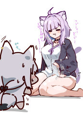 2girls :3 animal_ears beckoning bottomless cat_girl cat_tail chibi collar fox_girl fox_tail fumitonkatsu highres hololive loose_clothes loose_shirt multiple_girls nekomata_okayu patting_lap ribbon saliva saliva_trail seiza shirakami_fubuki shirt sitting tail
