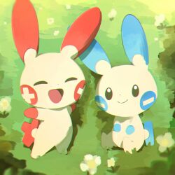 Rule 34 | :d, closed eyes, closed mouth, cocokawa (cjsj8353), commentary, day, flower, gen 3 pokemon, happy, highres, minun, nintendo, no humans, open mouth, outdoors, plusle, pokemon, pokemon (creature), pokemon focus, sitting, smile, standing, symbol-only commentary, tongue