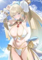 1girl absurdres armpits arms_behind_head arms_up bare_shoulders bikini blue_eyes blue_hair blue_sky blush braid breasts cleavage detached_sleeves fate/grand_order fate_(series) flower gold_trim hair_flower hair_ornament hair_ribbon highres kurozawa_yui large_breasts long_hair long_skirt long_sleeves looking_at_viewer morgan_le_fay_(fate) morgan_le_fay_(water_princess)_(fate) ponytail puffy_long_sleeves puffy_sleeves ribbon sidelocks skirt sky solo swimsuit thighs twin_braids very_long_hair white_bikini white_hair white_skirt