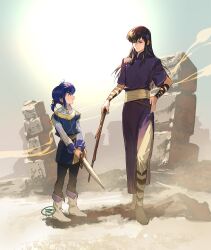 2boys black_hair blue_hair boots fire_emblem fire_emblem:_genealogy_of_the_holy_war highres holding holding_sword holding_weapon long_hair multiple_boys nintendo pillar ponytail purple_tunic seliph_(fire_emblem) shannan_(fire_emblem) short_ponytail stick suzuki_rika sword tunic weapon