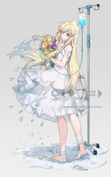 1girl bandaged_arm bandaged_head bandaged_leg bandages barefoot bilibili_956501 blonde_hair blue_flower dress falling_petals flower frilled_dress frills full_body heterochromia highres holding holding_flower indie_virtual_youtuber iv_stand kaofish long_hair looking_at_viewer petals pink_flower purple_flower red_eyes sample_watermark signature sleeveless snow standing very_long_hair watermark white_background white_dress yellow_eyes yellow_flower
