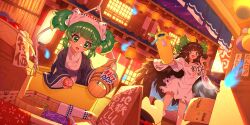 2girls alternate_costume bird_girl bird_wings black_wings bow breasts brown_eyes brown_hair bucket clothes_writing commentary english_commentary feathered_wings fuji_tarawi game_cg green_bow green_eyes green_hair hair_bow highres hitodama in_bucket in_container japanese_clothes kimono kisume kisume_(bath_bucket) lantern large_breasts long_hair long_sleeves multiple_girls night obi official_art open_mouth outdoors oversized_clothes oversized_shirt paper_lantern reiuji_utsuho reiuji_utsuho_(occasionally_non-operational_underworld_sun) sash shirt short_sleeves short_twintails smile sweatdrop third-party_source touhou touhou_lostword translation_request twintails v-shaped_eyebrows very_long_hair white_kimono white_shirt wide_sleeves wings