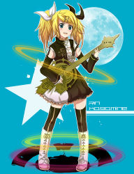 alternate_hairstyle bad_id bad_pixiv_id bass_guitar black_thighhighs blonde_hair blue_eyes boots detached_sleeves dress guitar hair_ornament hair_ribbon hairclip hirano_yui instrument kagamine_rin kagamine_rin_(reactor) long_hair meltdown moon ribbon roshin_yuukai_(vocaloid) solo thigh_boots thighhighs twintails vocaloid zettai_ryouiki