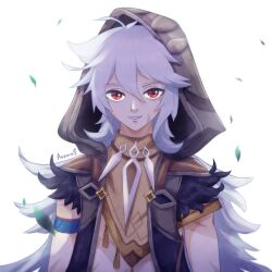 Rule 34 | 1boy, ahoge, aozoradoesart, arm scarf, backlighting, black feathers, bone necklace, brown scarf, coat, falling leaves, feather-trimmed sleeves, feathers, genshin impact, grey hair, hair between eyes, highres, hood, hood up, jewelry, leaf, long hair, male focus, open mouth, razor (genshin impact), red eyes, scar, scar on arm, scar on face, scarf, simple background, sleeveless, sleeveless coat, smile, solo, very long hair, white hair, wolf boy