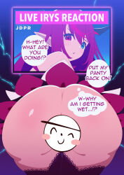 1girl ass black_horns blue_eyes bottomless hololive hololive_english horns irys_(hololive) irys_(irys_2.0)_(hololive) jdpr purple_eyes purple_hair solo through_wall underwear virtual_youtuber