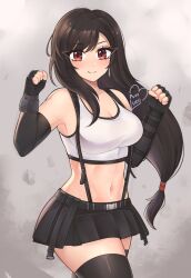 1girl artist_name belt black_belt black_gloves black_skirt black_thighhighs blush breasts brown_hair clenched_hands closed_mouth crop_top ear_piercing earrings eyebrows_hidden_by_hair eyes_visible_through_hair facing_viewer final_fantasy final_fantasy_vii final_fantasy_vii_remake fingerless_gloves gloves grey_background hair_elastic highres jewelry large_breasts long_hair looking_at_viewer low-tied_long_hair luci_(purrlucii) miniskirt navel overall_skirt piercing red_eyes signature skirt smile solo standing tank_top thighhighs thighs tifa_lockhart very_long_hair white_tank_top