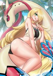 1girl :d absurdres alternate_eye_color ass bikini bikini_under_clothes black_bikini blonde_hair blue_sky breasts cleavage cloud collarbone crop_top cynthia_(pokemon) cynthia_(summer_2025)_(pokemon) day flower gen_3_pokemon gradient_eyes green_eyes hair_over_one_eye hand_up hat hat_flower highres katou_shinobu large_breasts long_hair looking_at_viewer lying milotic multicolored_eyes nintendo on_side open_mouth outdoors pokemon pokemon_(creature) pokemon_masters_ex shirt sky smile sun_hat swimsuit thighs tied_shirt tree very_long_hair water