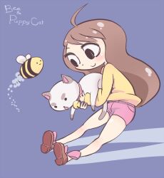 Rule 34 | 1girl, ahoge, animal, bee, bee (bee and puppycat), bee and puppycat, bell, black eyes, blue background, blush, bow, brown hair, brown shoes, bug, cat, collar, holding, holding animal, holding cat, insect, jingle bell, k-nattoh, long hair, long sleeves, neck bell, pink bow, pink shorts, puppycat, shirt, shoes, shorts, smile, socks, standing, white fur, yellow shirt, yellow socks