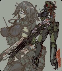 1girl absurdres antennae armor artist_logo belt_pouch body_armor breasts cable commentary_request covered_erect_nipples cyclops full_body gatling_gun gun hair_ornament helmet highres holding holding_gun holding_weapon juerucj load_bearing_vest logo looking_at_viewer medium_hair military monster_girl one-eyed original pouch power_armor projected_inset simple_background sweatdrop tactical_clothes weapon wire