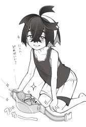 Rule 34 | 1boy, bag, barefoot, blush, candy, commentary request, crossed bangs, food, greyscale, grin, hair between eyes, hairband, highres, kieran (pokemon), kneeling, looking at viewer, male focus, mole, mole on neck, monochrome, multicolored hair, nintendo, open bag, pokemon, pokemon sv, shorts, simple background, sitting, smile, solo, sparkle, tank top, totomaru (pkmn), translation request