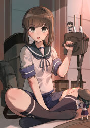 3girls absurdres adapted_turret black_hair black_socks blue_neckerchief blue_sailor_collar blue_skirt fairy_(kancolle) fubuki_(kancolle) highres indian_style kantai_collection long_hair looking_at_viewer low_ponytail mini_person minigirl multiple_girls neckerchief osananajimi_neko pleated_skirt ponytail sailor_collar school_uniform serafuku short_ponytail short_sleeves sidelocks sitting skirt smile smokestack socks
