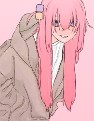 1girl ahoge bags_under_eyes blue_eyes blush bocchi_the_rock! brown_jacket commentary_request cube_hair_ornament from_side gotoh_hitori hair_ornament hair_over_eyes hair_over_shoulder jacket long_hair looking_at_viewer mentos_pepsi parted_lips pink_background pink_hair shirt simple_background solo sweatdrop teeth upper_body white_shirt