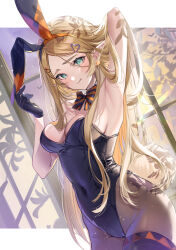1girl animal_ears armpits bad_tag big_breasts blonde_hair blush breasts cleavage detached_collar fake_animal_ears female gloves hair_ornament hairclip highres leotard long_ears long_hair navel nintendo pantyhose playboy_bunny pointy_ears princess_zelda rabbit_ears shuri_(84k) the_legend_of_zelda the_legend_of_zelda:_breath_of_the_wild zelda_(breath_of_the_wild)