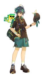 Rule 34 | 1boy, absurdres, ajaw (genshin impact), arm tattoo, bag, black bag, black hair, black hat, black shirt, black shoes, closed mouth, earrings, erzplubdduik93g, genshin impact, green eyes, green hair, green headband, green pants, hair between eyes, hand tattoo, hat, headband, headphones, headphones around neck, highres, holding, holding unworn clothes, holding unworn hat, jewelry, kinich (genshin impact), male focus, multicolored hair, neck tattoo, pants, shirt, shoes, short hair, short sleeves, shoulder bag, sneakers, solo, streaked hair, tattoo, unworn hat, unworn headwear, white background