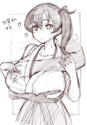 Rule 34 | 1boy, 1girl, blue hakama, breasts, brown hair, closed mouth, cowboy shot, grabbing another&#039;s breast, grabbing from behind, groping, hakama, hetero, huge breasts, japanese clothes, kaga (kancolle), kantai collection, kimono, kin-san (sasuraiga), looking at another, monochrome, side ponytail, sweat, white kimono