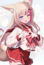 1girl animal_ears blue_background blue_eyes blue_hair brown_hair commentary_request floral_background heart heart_hands heterochromia highres indie_virtual_youtuber kureha_mitra long_hair long_sleeves looking_at_viewer midriff multicolored_hair navel open_mouth pink_hair pleated_skirt red_sailor_collar red_skirt sailor_collar school_uniform serafuku skirt smile solo thighs to_heart to_heart_(series) virtual_youtuber yellow_eyes yoshiheihe
