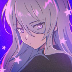 1girl black_shirt closed_mouth eyes_visible_through_hair grey_hair hair_over_one_eye leafwow long_hair looking_at_viewer looking_to_the_side lotus_(maplestory) maplestory purple_background purple_eyes shirt solo star_(symbol) upper_body