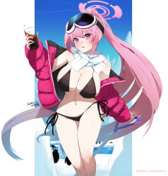 1girl 1other :o artist_name bare_shoulders bikini bird black_bikini blue_archive blush breasts breath cleavage cola cup doodle_sensei_(blue_archive) down_jacket eimi_(blue_archive) eimi_(swimsuit)_(blue_archive) fanbox_username feet_out_of_frame goggles goggles_on_head halo highres holding holding_cup ice jacket jacket_partially_removed large_breasts long_hair looking_at_viewer navel open_clothes open_jacket outdoors paid_reward_available penguin pillarboxed pink_eyes pink_hair ponytail scarf sensei_(blue_archive) side-tie_bikini_bottom ski_goggles skindentation solo sonaworld stomach string_bikini swimsuit very_long_hair white_scarf