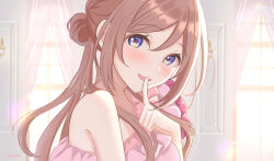 1girl absurdres blue_eyes blush brown_hair commentary_request gakuen_idolmaster hair_between_eyes hair_bun hanilz highres himesaki_rinami idolmaster index_finger_raised indoors light_particles long_hair looking_at_viewer open_mouth single_hair_bun single_side_bun smile solo upper_body