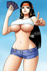 1girl bandana black_hair blue_eyes boa_hancock breasts card_(medium) curvy denim denim_shorts earrings headband iury_padilha large_breasts legs long_hair looking_at_viewer micro_shorts midriff navel one_piece pointing pointing_at_viewer shorts snake_earrings solo thighs underboob