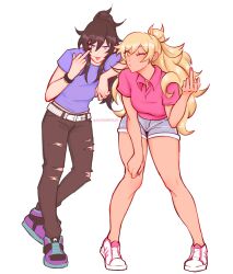 2girls absurdres aurora_(aurawra21) black_hair black_nails blonde_hair blue_eyes class_of_09 collared_shirt ear_piercing elbow_on_another&#039;s_shoulder hair_bun highres jecka_(class_of_09) leaning_on_person long_hair looking_at_viewer middle_finger multiple_girls nicole_(class_of_09) one_eye_closed pants piercing pink_nails pink_shirt ponytail purple_footwear purple_shirt shirt short_shorts short_sleeves shorts tan torn_clothes torn_pants twitter_username yellow_eyes yuri
