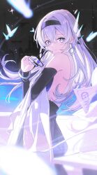 1girl absurdres black_dress black_hairband black_sleeves closed_mouth dress firefly_(honkai:_star_rail) firefly_(on_the_journey)_(honkai:_star_rail) green_pupils grey_hair hair_between_eyes hair_intakes hair_ornament hairband highres holding holding_removed_eyewear honkai:_star_rail honkai_(series) long_hair long_sleeves multicolored_eyes shooting_star sleeveless sleeveless_turtleneck smile solo star_(symbol) sweater_under_dress turtleneck turtleneck_dress unworn_eyewear vespark