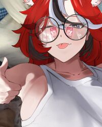 Rule 34 | 1boy, 2girls, ;p, absurdres, alternate costume, animal ears, armpits, black hair, blue eyes, breasts, censored, collarbone, commentary, english commentary, fang, fellatio, glasses, hair between eyes, hakos baelz, hand on another&#039;s face, handjob, heterochromia, highres, hololive, hololive english, irys (hololive), large breasts, licking, licking penis, lying, mouse ears, mr thecatman, multiple girls, on back, on bed, one eye closed, oral, penis, pink eyes, pink hair, red hair, reflection, round eyewear, shiny skin, shirt, skin fang, tank top, thumbs up, tongue, tongue out, video call, virtual youtuber, white hair, white shirt, white tank top