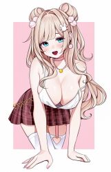 Rule 34 | 1girl, bare arms, bare shoulders, bead necklace, beads, blonde hair, blondedaze, blue eyes, breasts, camisole, choker, cleavage, collarbone, commentary, double bun, downblouse, earrings, english commentary, garter straps, hair bun, hair ornament, hairclip, harunaki, highres, indie virtual youtuber, jewelry, large breasts, leaning forward, long hair, looking at viewer, miniskirt, necklace, open mouth, pink choker, plaid clothes, plaid skirt, pleated skirt, red skirt, second-party source, shirt, single garter strap, skirt, sleeveless, sleeveless shirt, smile, solo, strap slip, thighhighs, two-tone background, very long hair, virtual youtuber, white shirt, white thighhighs, zettai ryouiki