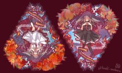 2girls black_hair blunt_bangs capelet dual_persona food fruit highres hoshiwowataru long_hair multiple_girls necktie pomegranate pomegranate_flower red_necktie rotational_symmetry school_uniform skirt subarashiki_hibi takashima_zakuro tsui_no_sora tsui_no_sora_(remake) white_capelet