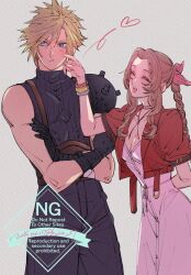 aerith_gainsborough aqua_eyes arm_behind_back armor bandaged_arm bandages bangle belt black_gloves blonde_hair blue_pants blue_shirt blush bracelet braid braided_ponytail breasts brown_belt brown_hair buttons cheek_poking choker cleavage closed_eyes cloud_strife cowboy_shot cropped_jacket crossed_arms dated dress final_fantasy final_fantasy_vii final_fantasy_vii_rebirth final_fantasy_vii_remake flower_choker gloves grey_background hair_between_eyes hair_ribbon highres jacket jewelry laughing long_dress long_hair medium_breasts open_mouth pants parted_bangs pauldrons pink_dress pink_ribbon poking pout red_jacket ribbon shirt short_hair shoulder_armor sidelocks single_bare_shoulder single_braid single_pauldron sleeveless sleeveless_turtleneck smile spiked_hair suspenders turtleneck twitter_username wakakusa-e