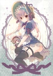 2girls absurdres animal_ears arm_support ass black_bow black_thighhighs blue_dress bonnet bow bowtie breasts chibi closed_mouth dress expressionless fake_animal_ears frilled_bonnet frilled_dress frilled_sleeves frills green_bow green_bowtie grey_hair hair_between_eyes highres inugami_kira legwear_garter long_hair looking_at_viewer multiple_girls no_panties no_shoes off-shoulder_dress off_shoulder original parted_bangs puffy_short_sleeves puffy_sleeves rabbit_ears red_bow red_bowtie red_eyes short_sleeves sitting sleeve_bow three-quarter_sleeves small_breasts straight_hair striped_bow thighhighs third_eye yokozuwari