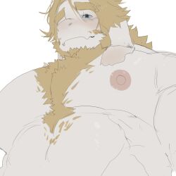 1boy abs asgore_dreemurr bara beard biceps blonde_hair blue_eyes blush chest_hair close-up closed_mouth commentary english_commentary facial_hair fang floppy_ears from_below furry furry_male gao_(gao_53937056) highres looking_at_viewer looking_down male_focus nipples pectorals plump skin_fang topless_male undertale white_background white_fur