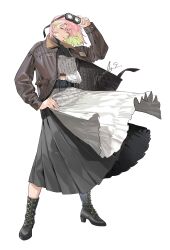 1girl absurdres adjusting_eyewear apron black_boots boots brown_jacket colored_inner_hair full_body green_hair highres jacket kurohal leather leather_jacket multicolored_hair open_clothes open_jacket original pink_hair pleated_skirt simple_background skirt solo two-tone_hair white_background
